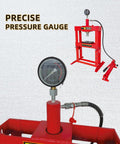 Beefy 10 Ton Welded H Frame Shop Press with adjustable crossbeam, manual pump, precise pressure gauge, includes press plates.