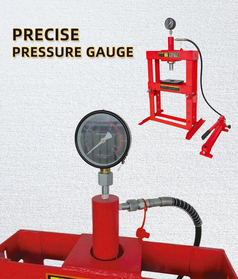 Beefy 10 Ton Welded H Frame Shop Press with adjustable crossbeam, manual pump, precise pressure gauge, includes press plates.
