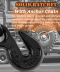 Four Pack 2 Inch by 96 Inch Orange Car Tie Down Straps for Trailers With Heavy Duty Chain Anchors, close-up of hook in use