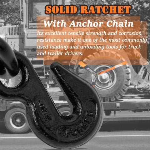 Four Pack 2 Inch by 96 Inch Orange Car Tie Down Straps for Trailers With Heavy Duty Chain Anchors, close-up of hook in use