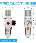 Front and side view of Three Eighth Inch NPT Air Filter Regulator Combo With Five Micron Brass Element, size dimensions indicated.