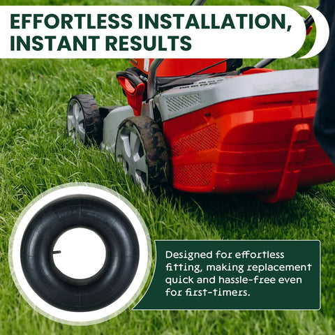 Two Pack Heavy Duty Inner Tubes For 18x6.50-8 Through 20x10-8 With TR13 Straight Valve Stem Universal Fit Tire Tubes For Lawn Mowers displayed on grass