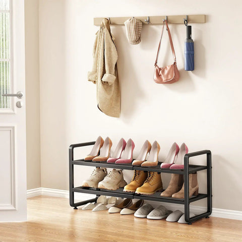 Adjustable Expandable Metal Shoe Rack For Closet Featuring Sturdy Mesh Shelves That Keep Ya Boots And Heels Straight Up Tidy Stackable Storage Organizer For Entryway Garage And Tiny Rooms In Matte Black Finish