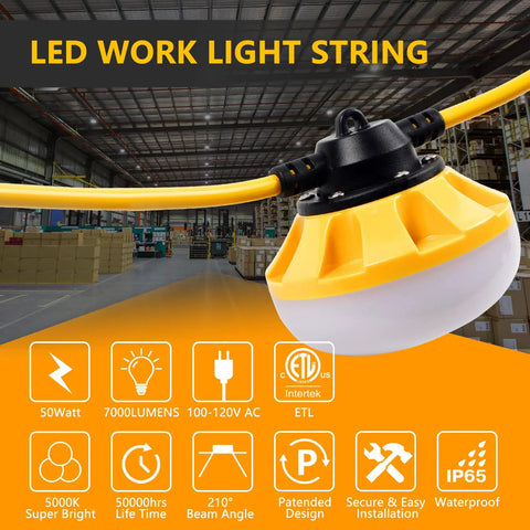 Close-up of 100 Ft LED Construction String Lights With 10 Bulbs On E26 Sockets, 100W Total, Warm White Indoor Outdoor Work Lights, ETL Certified
