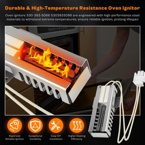 Oven Igniter Replacement For Major Range Brands Including Electrolux Kenmore Whirlpool GE Hotpoint Maytag Roper Tappan Range Stove 11.5 Inch Total Length 3.6 Inch Body 7.5 Inch Leads With Ceramic Nuts, showing igniter with orange glow and wire nuts.