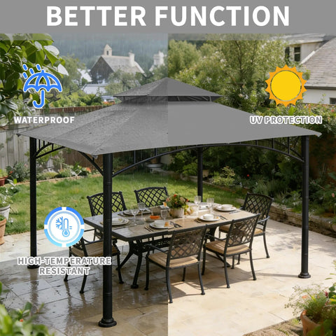 10x10 Ft Gazebo Replacement Canopy Grey Waterproof UV Resistant Built To Last Heavy Duty Polyester Fabric With Reinforced Grid For Tear Resistance Fits Models L GZ136PST L GZ136PST 2 7 9 Gazebo Frames Ideal For Madaga Target Setups installed in garden showing waterproof and UV resistance.