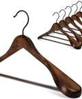 Set Of 6 Premium Wood Hangers With Extra Wide Shoulders For Coats And Suits, Anti Slip Bar, 360 Degree Swivel Black Hooks, Retro Finish
