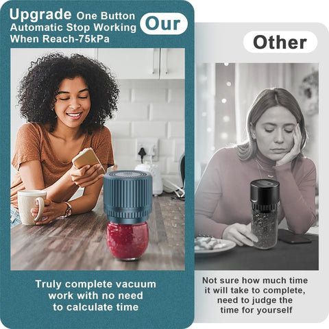 Comparison of Portable Mason Jar Vacuum Sealer Kit With 2500mAh Battery Electric Smart Vacuum and other brand in use.