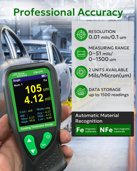 Coating Thickness Gauge CM-218 Pro Grade Paint Depth Meter For Cars And Industry, 0.01 Mil Resolution, 0-51 Mil Range, Auto Ferrous And Non Ferrous Substrate Detection Fe/Al, held in hand
