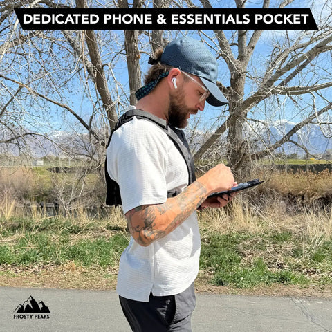 Man wearing Everyday Chest Pack For Hiking, Skiing, Running And Travel With Grab And Go Phone Pocket outdoors