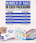 Packaging options for White Cotton Cleaning Rags 25 Lb Box with number of rags per package in background chart