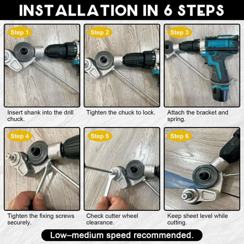 Installation steps for Sheet Metal Cutter Nibbler Drill Attachment With Titanium Steel Gear for stronger bite on drills
