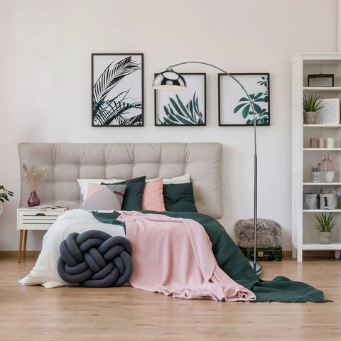 Bedroom with Mid Century Modern Curved Floor Lamp Over Sofa 74 Inch Tall Sleek Chrome Standing Lamp With Adjustable Shade For Living Room Reading Light LED Bulb Not Included.