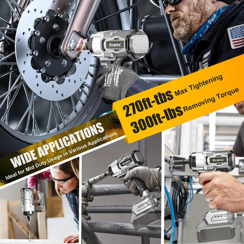 Ecarke 1/2 Inch Cordless Impact Wrench With Brushless Motor And Led Light in use on a motorcycle wheel and pipe.