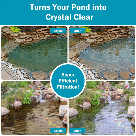 All In One Koi Pond Pump Kit For Outdoor Ponds 200-350 Gallons, before and after pond water clarity with filtration