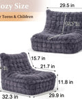 Dark grey faux fur memory foam bean bag chair with filler showing dimensions for teens and children.