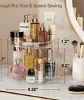2 Tier Lazy Susan Turntable Organizer For Narrow Cabinets with cosmetics, clear plastic, 9.25 inch diameter, on vanity.