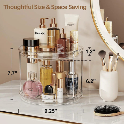 2 Tier Lazy Susan Turntable Organizer For Narrow Cabinets with cosmetics, clear plastic, 9.25 inch diameter, on vanity.