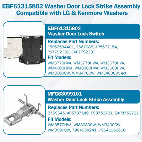 All In One Washer Door Lock Kit With Switch And Strike For LG Kenmore Replaces WM3670HVA WM3770HVA WM8000HVA WM4000HWA WM3600HVA Built Tough No Fuss Install Electromagnetic Auto Lock For Wash And Spin Cycles. washer door lock switch and strike assembly parts