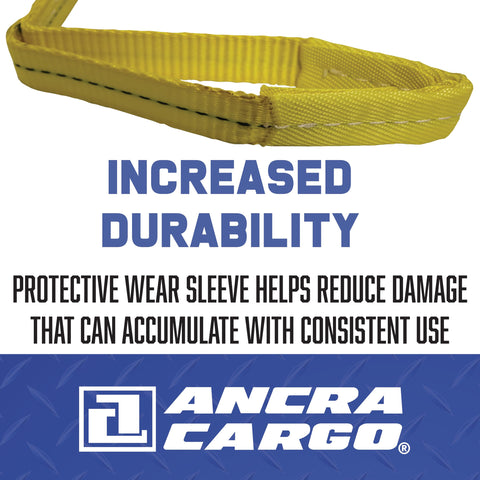 1 Inch by 4 Foot Flat Loop Eye to Eye Lifting Sling with Protective Sleeve in Yellow Polyester showing increased durability