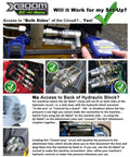 QC-Mate coupler by XBoom with an 18-inch QC-Mate clamp and 7/8-inch Uni-Jaw set; collage of hydraulic adapters.