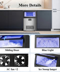 Built Tough Stainless Steel Ice Maker featuring sliding door, blue light, dual AC fans, and ice scoop for efficient use.