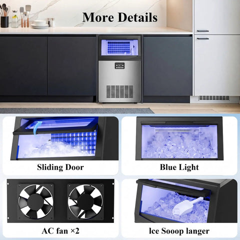Built Tough Stainless Steel Ice Maker featuring sliding door, blue light, dual AC fans, and ice scoop for efficient use.