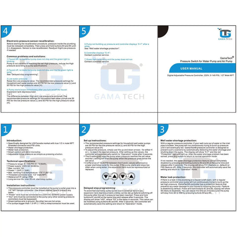 User manual for Digital Adjustable Pressure Switch Controller For Water And Air Pumps 220V 145 PSI One Half Inch Male NPT.