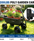 Heavy Duty 1200 Lb Poly Garden Dump Cart with 7 Cu Ft Bed, Quick Release Handle, 13 Inch Tires, used in garden with flowers