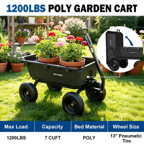 Heavy Duty 1200 Lb Poly Garden Dump Cart with 7 Cu Ft Bed, Quick Release Handle, 13 Inch Tires, used in garden with flowers