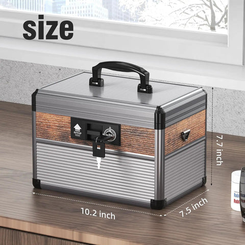 Medicine Lock Box With Key Safe For Meds, Aluminum Alloy And MDF Construction, Medium Black Safe Box, 12 x 7.68 x 7.87 Inch