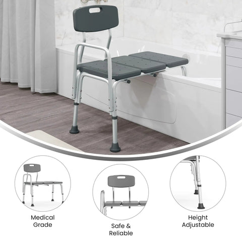 Adjustable Bath And Shower Transfer Bench With Back And Side Arm Rests, 300 Lb Capacity, Gray Safety Seat in bathroom setting