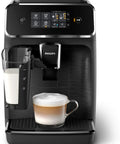 Crisp Roast Fully Automatic Espresso Maker With Killer LatteGo Milk Frothing, sleek black build, featuring milk frother and cup.