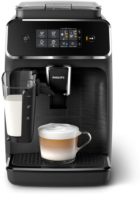 Crisp Roast Fully Automatic Espresso Maker With Killer LatteGo Milk Frothing, sleek black build, featuring milk frother and cup.