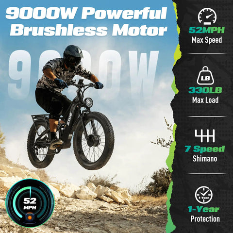 Beast Mode 9000W Dual Motor Electric Fat Tire Mountain Bike For Adults with powerful brushless motor on rugged trail.