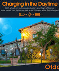 Outdoor Solar Torch Lights 96 LED Lit Dancing Flame 43 Inch Tall Waterproof Pathway Yard Garden Lamps Solar Powered With 2200mAh 6 Pack installed along a garden pathway at dusk, illuminating the area with a warm, candle-like glow.