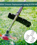 Close-up of Six Pack Trimmer Replacement Springs for 29550 Model Weed Eater, shown with lawn tool in use, compatible with 678749001.