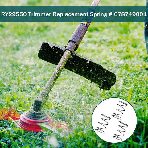 Close-up of Six Pack Trimmer Replacement Springs for 29550 Model Weed Eater, shown with lawn tool in use, compatible with 678749001.