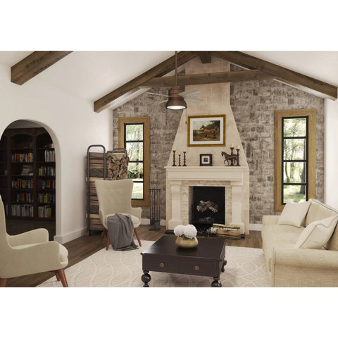 Living room with Loki Indoor Ceiling Fan With LED Light And Pull Chain, 36 Inch, Weathered Copper Finish above seating area.