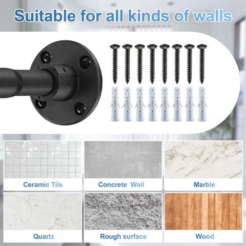 Industrial Style Wall Mounted Shower Rod Adjustable From 28 To 76 Inches Matte Black Finish For Bathroom Closet Room Divider And Patio Built Tough With Screw Mount For Stable No Slip Support shown with screws for various wall types