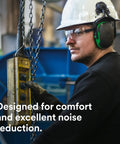 Worker wearing X Series Cap Style Hard Hat Attached Earmuffs With NRR 25 Decibel Hearing Protection For Construction And Sanding