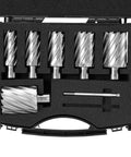 VEVOR 6-piece annular cutter set with Weldon shanks in a black portable case; high-speed steel cutters.