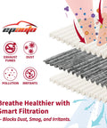Diagram of Premium Cabin Air Filter With Activated Carbon For Acura And Honda Rides showing filtration layers and pollutants blocked.