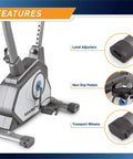 Features of Magnetic Upright Bike With 8 Resistance Levels NS-40504U Grey shown including level adjusters and non-slip pedals.
