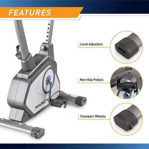 Features of Magnetic Upright Bike With 8 Resistance Levels NS-40504U Grey shown including level adjusters and non-slip pedals.