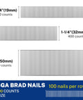 Top Shelf 18 Gauge Brad Nails 1200 Count Zinc Plated Steel Pins 2 Inch, 1-1/4 Inch, 3/4 Inch assorted lengths.
