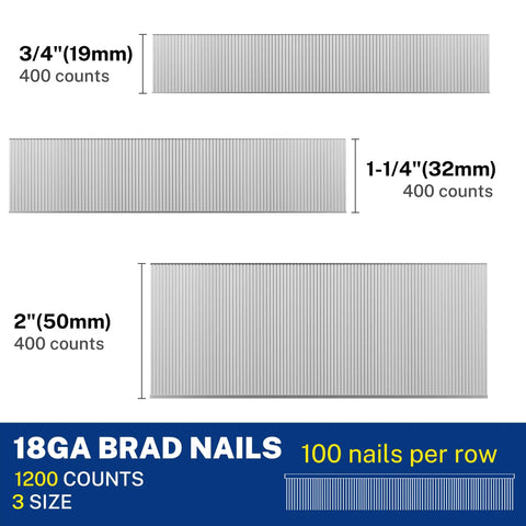 Top Shelf 18 Gauge Brad Nails 1200 Count Zinc Plated Steel Pins 2 Inch, 1-1/4 Inch, 3/4 Inch assorted lengths.