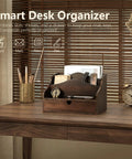 Acacia Wood Mail Organizer For Desk With Four Slots And Dividers Farmhouse Style on wooden desk near window blinds