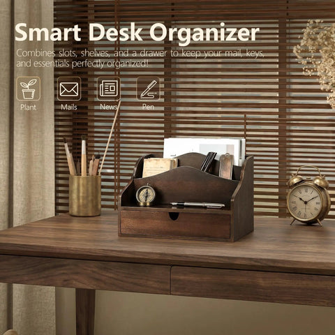 Acacia Wood Mail Organizer For Desk With Four Slots And Dividers Farmhouse Style on wooden desk near window blinds