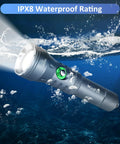 Beast Mode Underwater Dive Light With 10W LED, Waterproof Scuba Torch, 6000K beam, highlighting IPX8 waterproof rating.